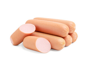 Whole and cut delicious boiled sausages on white background