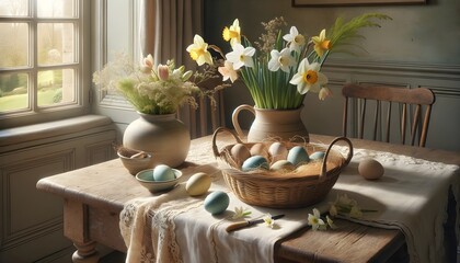 Easter preparations in the country house, natural colors, table  adorned with a vase filled with colorful flowers and Easter eggs, perfect for the Easter season