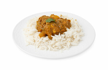 Delicious chicken curry with rice isolated on white