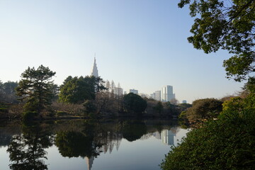 新宿御苑から見える代々木タワー周辺の街並み