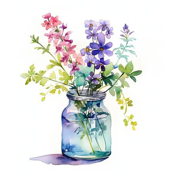 a watercolor painting of flowers in a mason jar