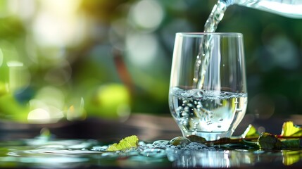 A glass of pure fresh water is poured into a glass, the background bedroom, nature, from which the fresh and pure water. Concept nature, purification, freshness. - obrazy, fototapety, plakaty