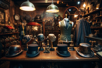 Fototapeta na wymiar Steampunk Hats in Vintage Shop