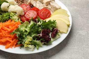 Balanced diet and healthy foods. Plate with different delicious products on grey table, closeup