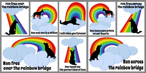A set of cards about the loss of a pet on the theme of running on the rainbow, various cards about the loss of a dog