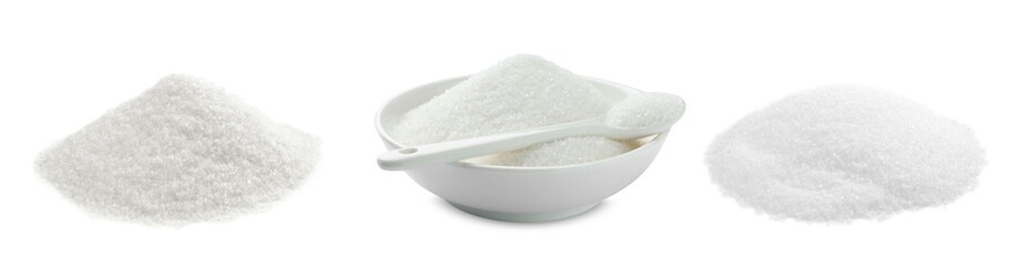 White granulated sugar isolated on white, set