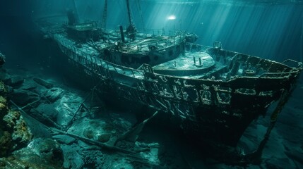 old ship sunk in the sea in the depths