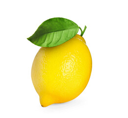 Fresh ripe lemon with green leaf isolated on white