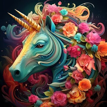 a painting of a unicorn with flowers around it