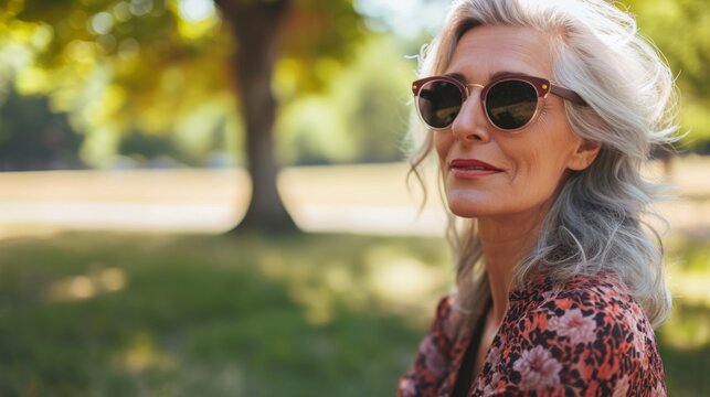 Mature woman with sunglasses at park generative ai