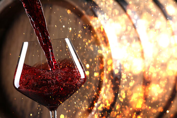 Pouring red wine into glass on background with blurred lights, closeup. Space for text
