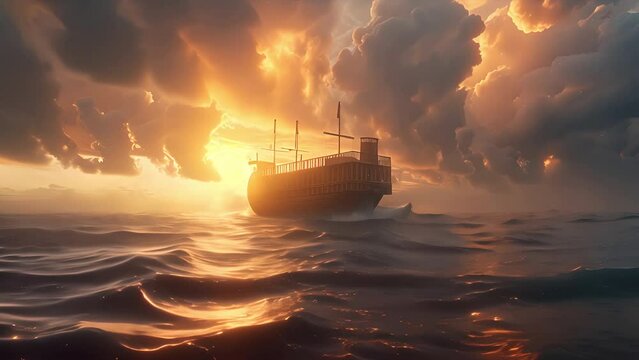 Wide shot of Noahs Ark floating on the great flood with the sun rising in the distance