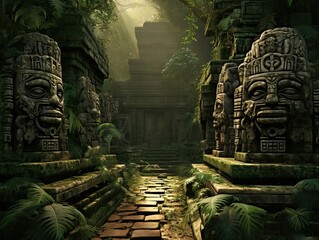 an image of a jungle setting with stone carvings