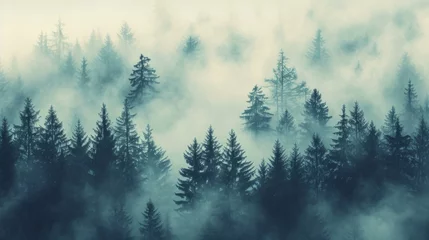 Fotobehang Misty landscape with fir forest in vintage retro style generative ai © Francheska