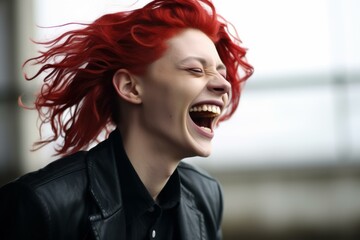 Captivating Non binary model laughing happy person. Generate ai - obrazy, fototapety, plakaty