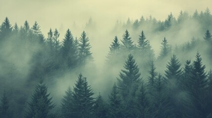 Misty landscape with fir forest in vintage retro style generative ai