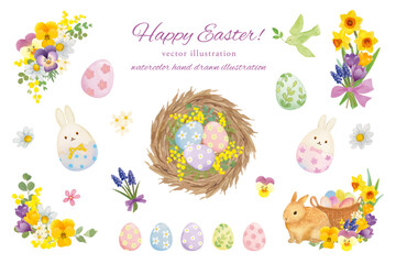 水彩の花とイースターのかわいいイラストセット