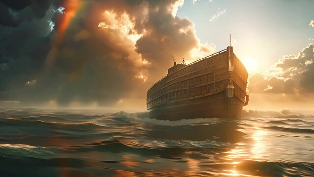Wide shot of Noahs Ark floating on the great flood with the sun rising in the distance