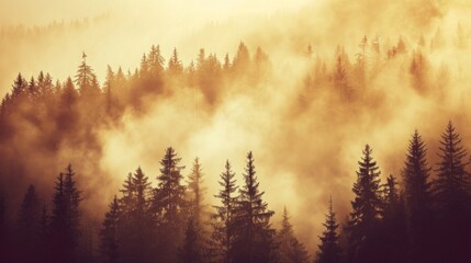 Fototapeta premium Misty landscape with fir forest in vintage retro style generative ai