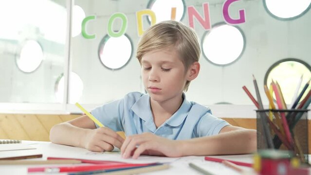Smiling happy boy coloring creative picture and study in art lesson. Cute caucasian child excited or enjoy to learning coloring color book in online test Creative learning education. Erudition.