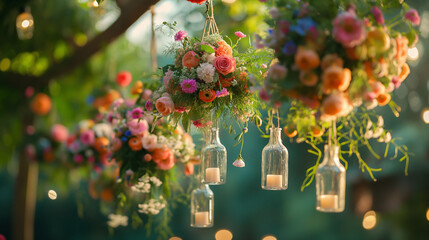 Original wedding floral decoration in the form of mini-vases and bouquets of flowers hanging from...