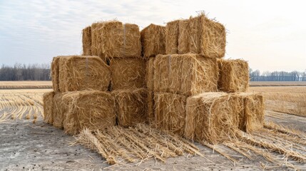 Golden sunset over farm field with hay bales