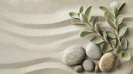 Fototapeta na wymiar Sage Twig and Pebble Rocks on Sand - Serene Background generative ai