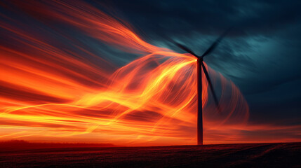 Wind turbine at night with visible wind lines in red