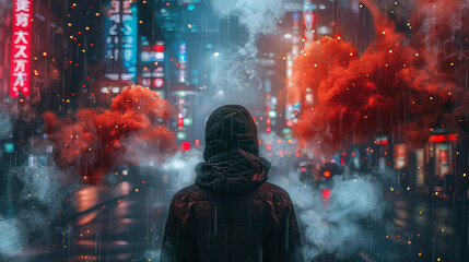 A person with a hat stands in front of a city with red smoke - obrazy, fototapety, plakaty