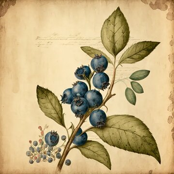 a painting of blueberries on a branch with leaves