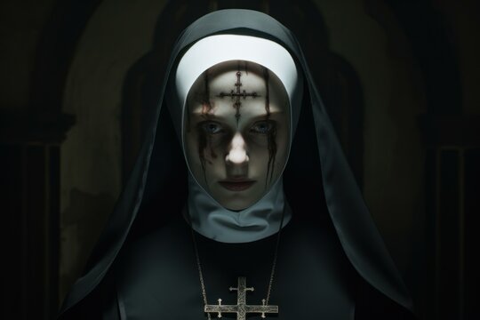 Mysterious Nun creepy portrait. Demon ghost sister. Generate Ai
