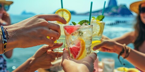Cocktail on the background of the sea and the island - obrazy, fototapety, plakaty