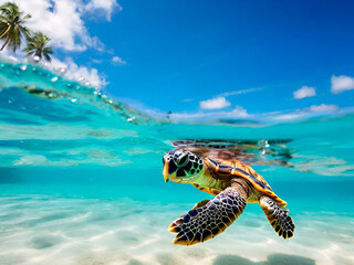 amazing green sea turtle swimming in the ocean, under  and above sea view