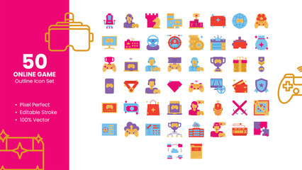 Set of 50 Flat Icons Related to Online Game. Pixel Perfect Icon. Flat Icon Collection. Fully Editable. Vector Illustration.