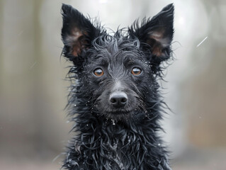 Naklejka premium A dog looks stunning after a bath with its distinctive features like pointy ears and wavy-haired fur.
