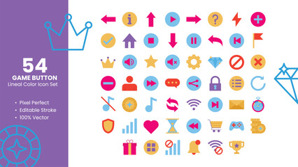 Set of 54 Flat Icons Related to Game Button. Pixel Perfect Icon. Flat Icon Collection. Fully Editable. Vector Illustration.