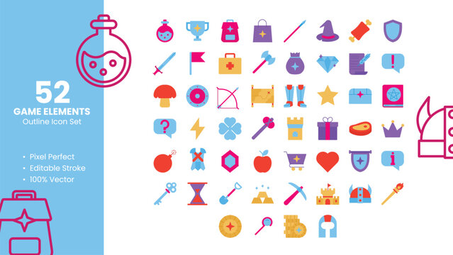 Set of 52 Flat Icons Related to Game Elements. Pixel Perfect Icon. Flat Icon Collection. Fully Editable. Vector Illustration.