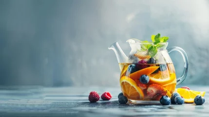 Schilderijen op glas Homemade healthy hot fruit tea with fresh ripe orange, apple, mint leaves and twigs of thyme in glass teapot or kettle on grey kitchen background. © Nataliya
