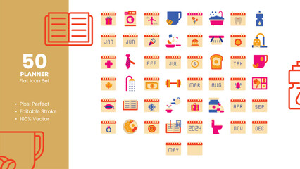 Set of 50 Flat Icons Related to Planner. Pixel Perfect Icon. Flat Icon Collection. Fully Editable. Vector Illustration.