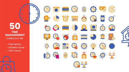 Set of 50 Flat Icons Related to Time Management. Pixel Perfect Icon. Flat Icon Collection. Fully Editable. Vector Illustration.