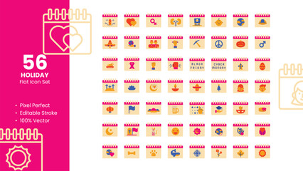 Set of 50 Flat Icons Related to Holiday. Pixel Perfect Icon. Flat Icon Collection. Fully Editable. Vector Illustration.
