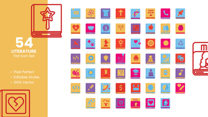 Set of 54 Flat Icons Related to Literature. Pixel Perfect Icon. Flat Icon Collection. Fully Editable. Vector Illustration.