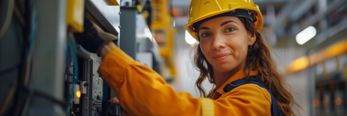 Skilled Female Electrician at Work in Power Station