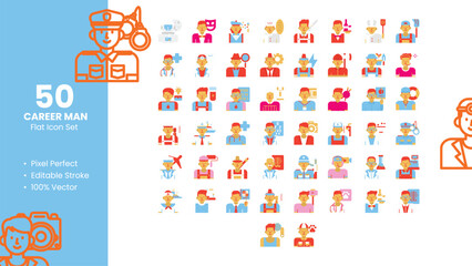 Set of 50 Flat Icons Related to Career Man. Pixel Perfect Icon. Flat Icon Collection. Fully Editable. Vector Illustration.