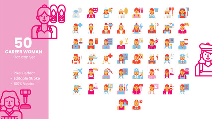 Set of 50 Flat Icons Related to Career Woman. Pixel Perfect Icon. Flat Icon Collection. Fully Editable. Vector Illustration.