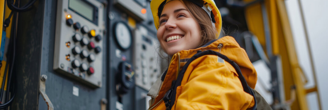 Joyful Female Electrical Technician Operating Control Panel