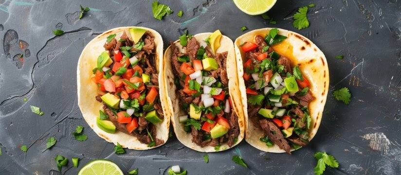Three Mexican street tacos filled with carne asada, garnished with vegetables and lime, placed on a wooden table.