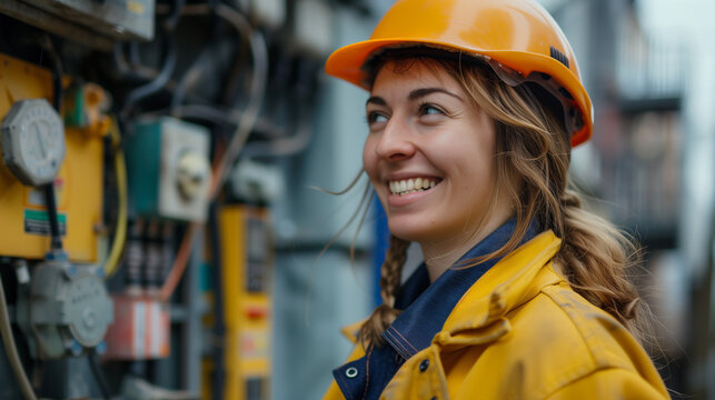 Happy Female Electrical Worker Checking Machinery in Plant