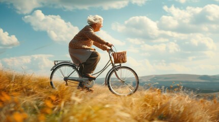 Grandma riding a bicycle, hurtling up the hill, motocos