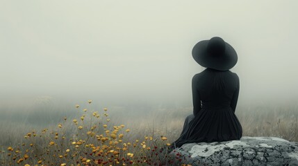 back view,women in black hooded hat sitting on a rock and looking.